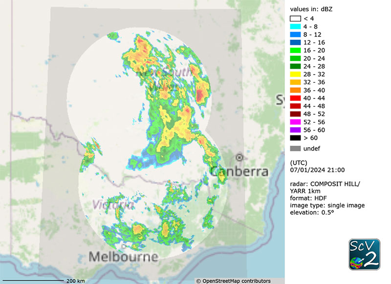 Radarkomnposit der Radare Hillston und Yarrawonga