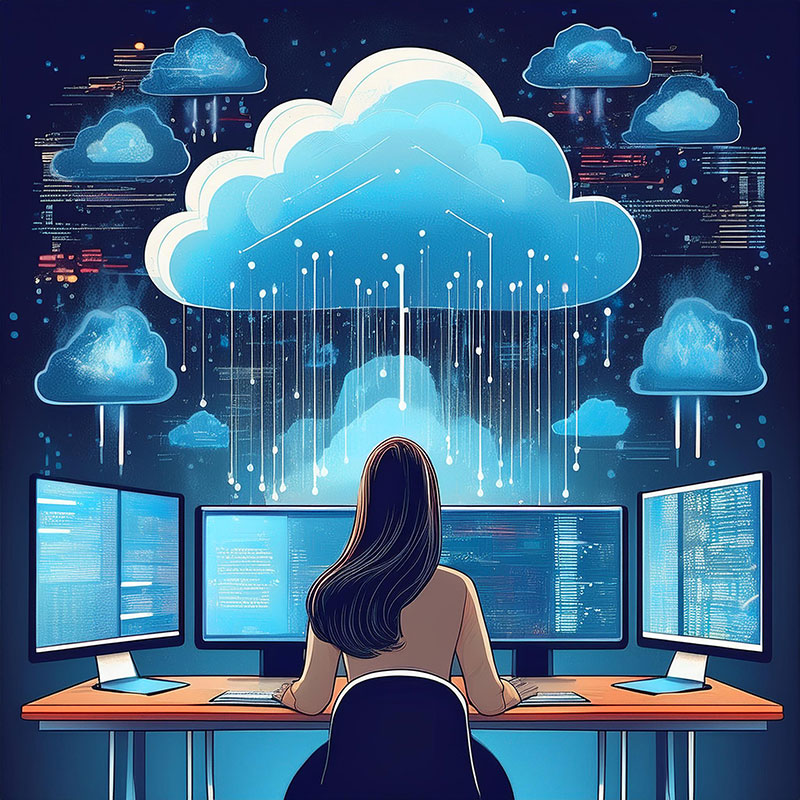 Grafische Darstellung einer Frau, die an einem Schreibtisch mit mehreren PC-Monitoren sitzt. Auf den Monitoren werden verschiedene Daten dargestellt. Über der Frau sind symbolisch mehrere Wolken dargestellt, aus denen es regnet.