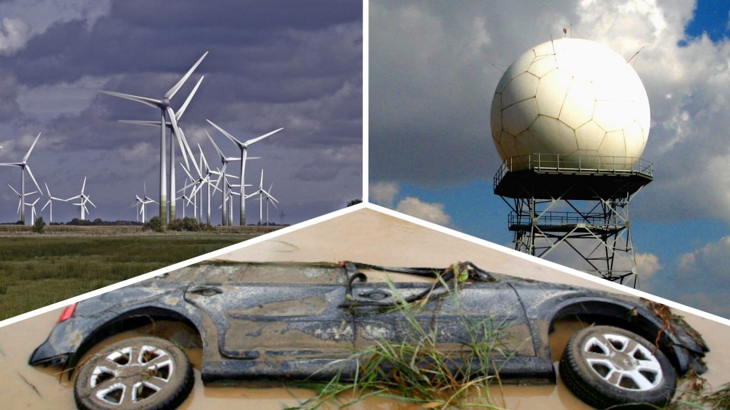 Radar, Windkraftanlage und überschwemmtes Auto