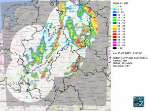 SCV2 Komposit Nordrhein-Westfalen. Komposit für Nordrhein-Westfalen aus den Radarstandorten Essen, Neuheilenbach, Flechtdorf und Hannover